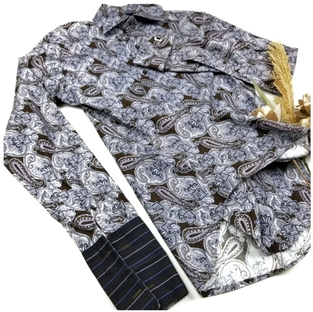 NEW Banana Republic Men's Cuffed Purple Brown Paisley Shirt S